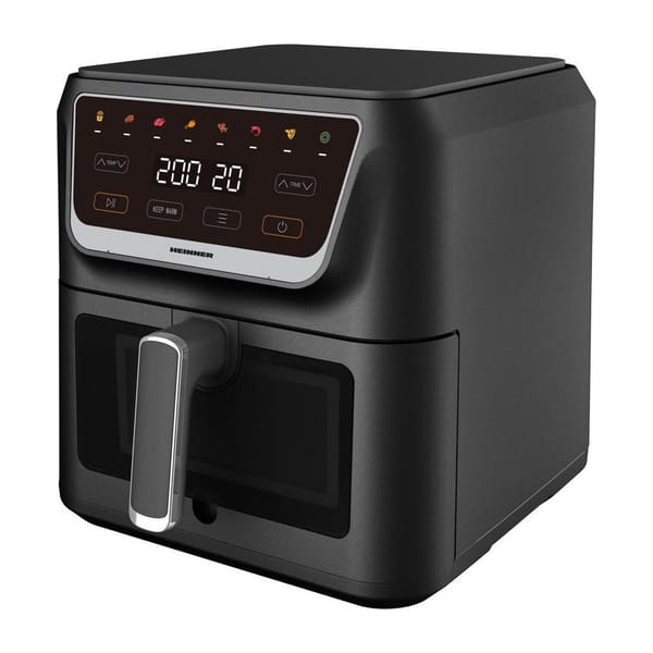 Air fryer negru cu panou digital și gemuleț de supraveghere